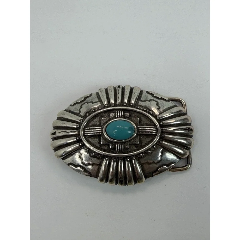Southwest Style Fashion Belt Buckle Oval Silver Tone + Faux Turquoise Ivan Metal